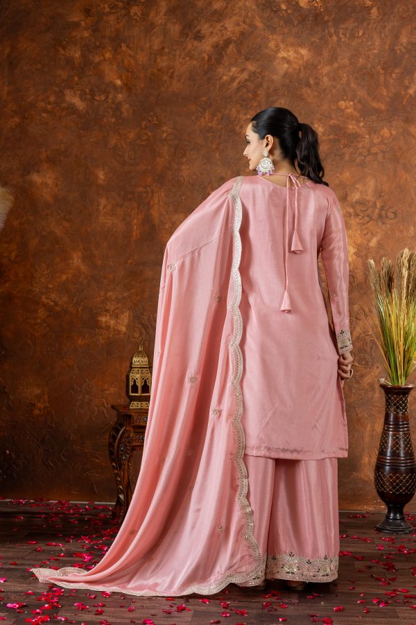 Peach Chinon Silk Embroidery Sequence Coding Work Salwar Suit - Image 2