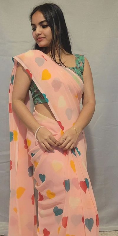 SC 215 Peach Color Soft Georgette Silk Digital Print Heart Design Ready To Wear Saree, Wedding, Festive, Events . Expected Delivery 4-6 Working Days @1499/ | Sarees, Bollywood Sarees, Creative Sarees, Designer Sarees, Embroidered Sarees, Ethnic Saree, Modern Digital sarees, Party Wear Sarees