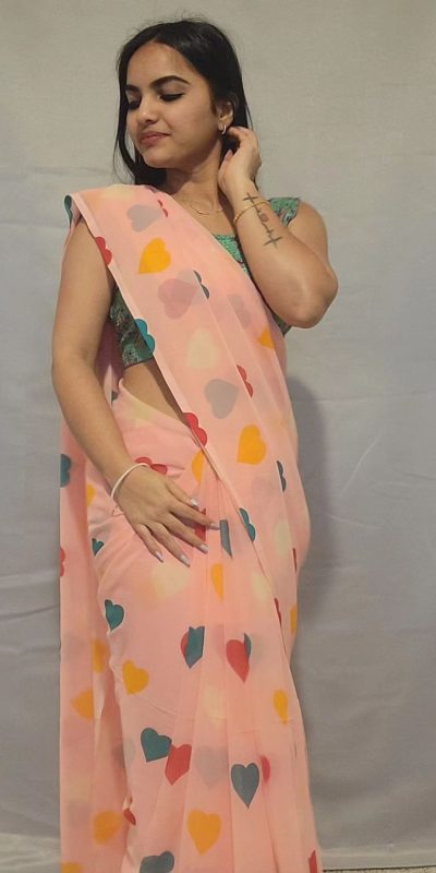 SC 215 Peach Color Soft Georgette Silk Digital Print Heart Design Ready To Wear Saree, Wedding, Festive, Events . Expected Delivery 4-6 Working Days @1499/ | Sarees, Bollywood Sarees, Creative Sarees, Designer Sarees, Embroidered Sarees, Ethnic Saree, Modern Digital sarees, Party Wear Sarees