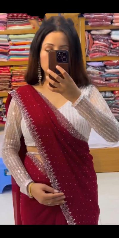 SC 218 Red Color Georgette Hot Fix Stone Work Saree Casual, Wedding, Festive, Events . Expected Delivery 4-6 Working Days @1449/- only | Sarees, Bollywood Sarees, Creative Sarees, Designer Sarees, Embroidered Sarees, Ethnic Saree, Modern Digital sarees, Party Wear Sarees