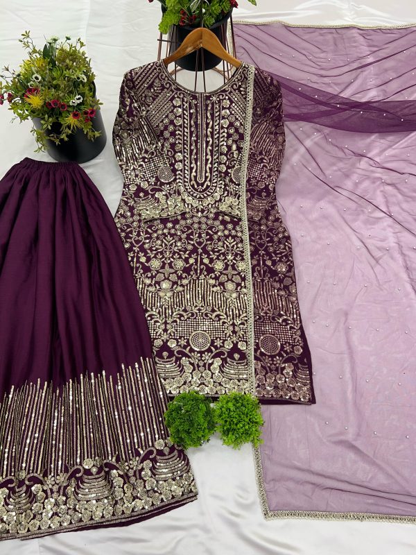 Wine Chinnon Silk Embroidery Sequence With Moti Work Salwar Suit - Image 3