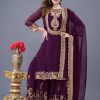 Wine Faux Georgette Embroidery Sequence Work Salwar Suit