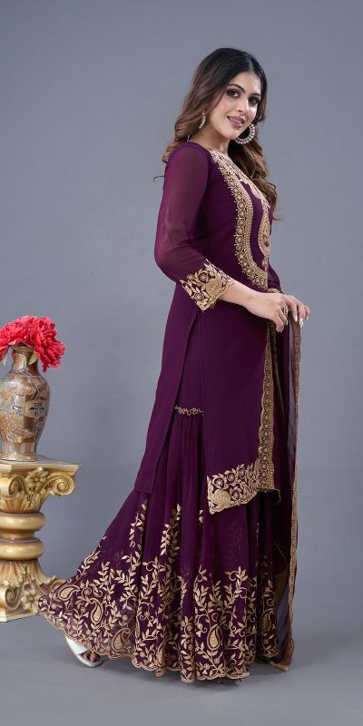 SRK-5242 Wine Faux Georgette Embroidery Sequence Work Salwar Suit  Casual, Wedding, Party, Festive, Events Etc.4-6 Working Days@ 2099/-only | Jump Suits, Salwar suit, Casual Suits, Creative suits, Designer Suits, Palazzo Suits, Party Wear Suits, Patiala Suits, Straight Suits