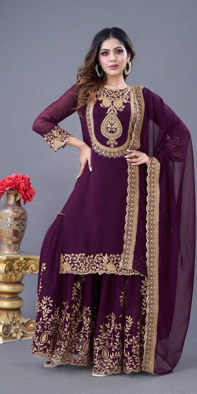SRK-5242 Wine Faux Georgette Embroidery Sequence Work Salwar Suit  Casual, Wedding, Party, Festive, Events Etc.4-6 Working Days@ 2099/-only | Jump Suits, Salwar suit, Casual Suits, Creative suits, Designer Suits, Palazzo Suits, Party Wear Suits, Patiala Suits, Straight Suits
