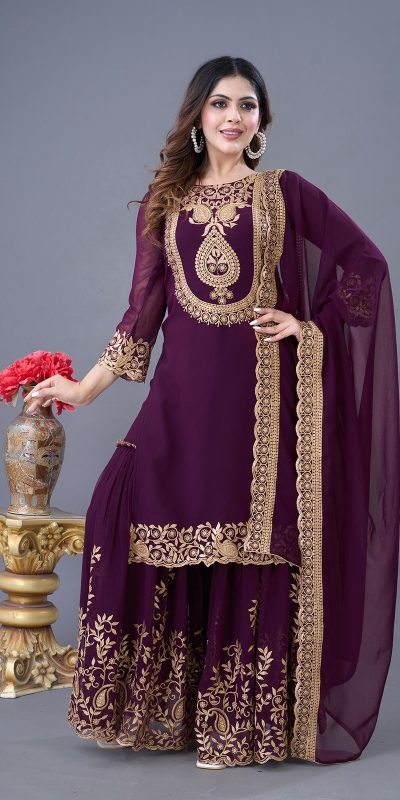 SRK-5242 Wine Faux Georgette Embroidery Sequence Work Salwar Suit  Casual, Wedding, Party, Festive, Events Etc.4-6 Working Days@ 2099/-only | Jump Suits, Salwar suit, Casual Suits, Creative suits, Designer Suits, Palazzo Suits, Party Wear Suits, Patiala Suits, Straight Suits
