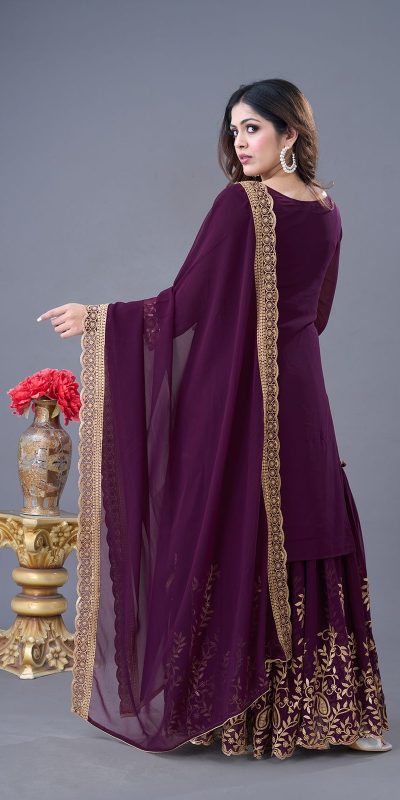 SRK-5242 Wine Faux Georgette Embroidery Sequence Work Salwar Suit  Casual, Wedding, Party, Festive, Events Etc.4-6 Working Days@ 2099/-only | Jump Suits, Salwar suit, Casual Suits, Creative suits, Designer Suits, Palazzo Suits, Party Wear Suits, Patiala Suits, Straight Suits