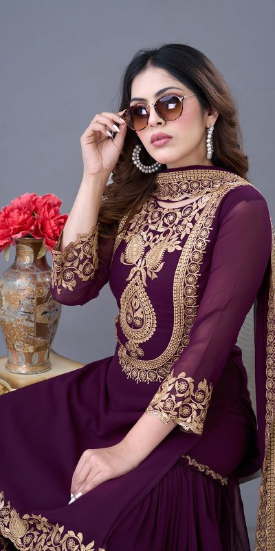 SRK-5242 Wine Faux Georgette Embroidery Sequence Work Salwar Suit  Casual, Wedding, Party, Festive, Events Etc.4-6 Working Days@ 2099/-only | Jump Suits, Salwar suit, Casual Suits, Creative suits, Designer Suits, Palazzo Suits, Party Wear Suits, Patiala Suits, Straight Suits