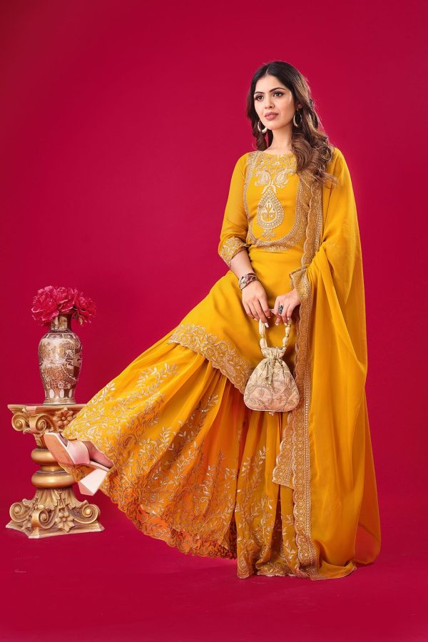 Yellow Faux Georgette Embroidery Sequence Thread Work Salwar Suit - Image 4