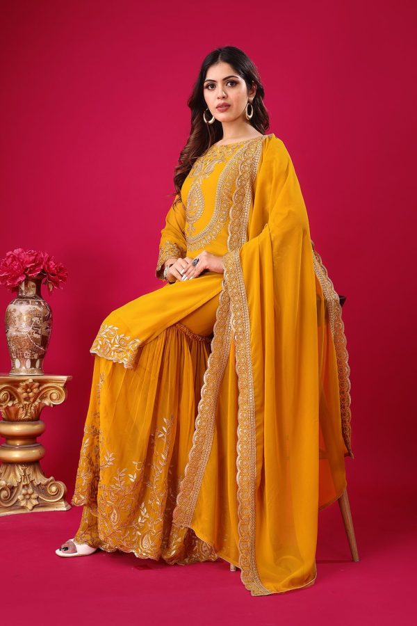 Yellow Faux Georgette Embroidery Sequence Thread Work Salwar Suit - Image 5