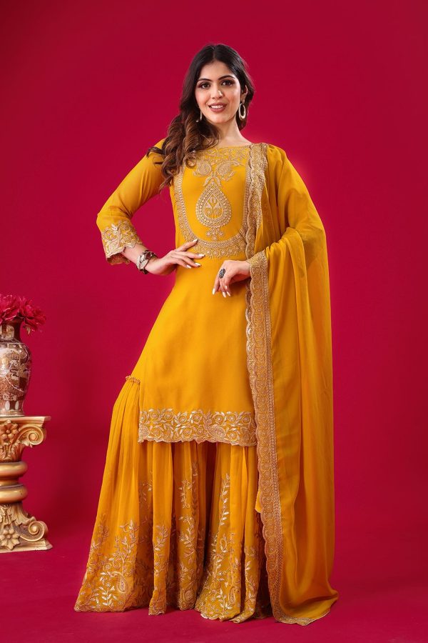 Yellow Faux Georgette Embroidery Sequence Thread Work Salwar Suit - Image 8