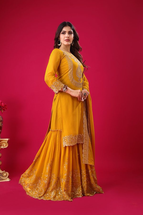 Yellow Faux Georgette Embroidery Sequence Thread Work Salwar Suit - Image 6