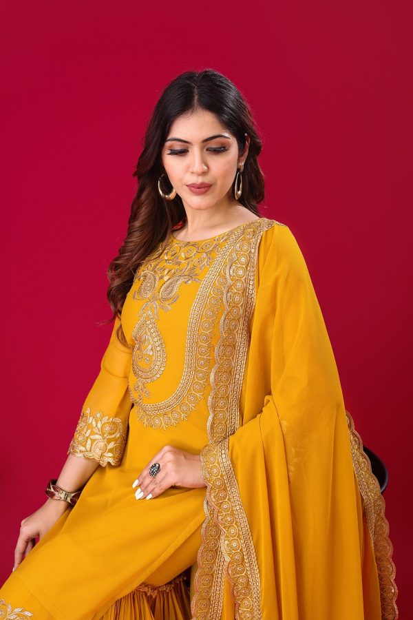 Yellow Faux Georgette Embroidery Sequence Thread Work Salwar Suit - Image 7