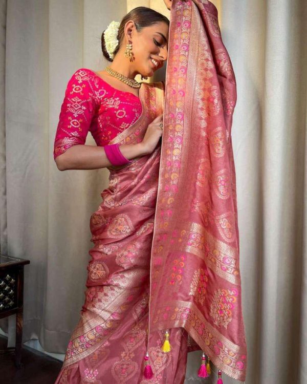 Peach Soft Litchi Silk Kubera Pattu On All Over Saree - Image 3