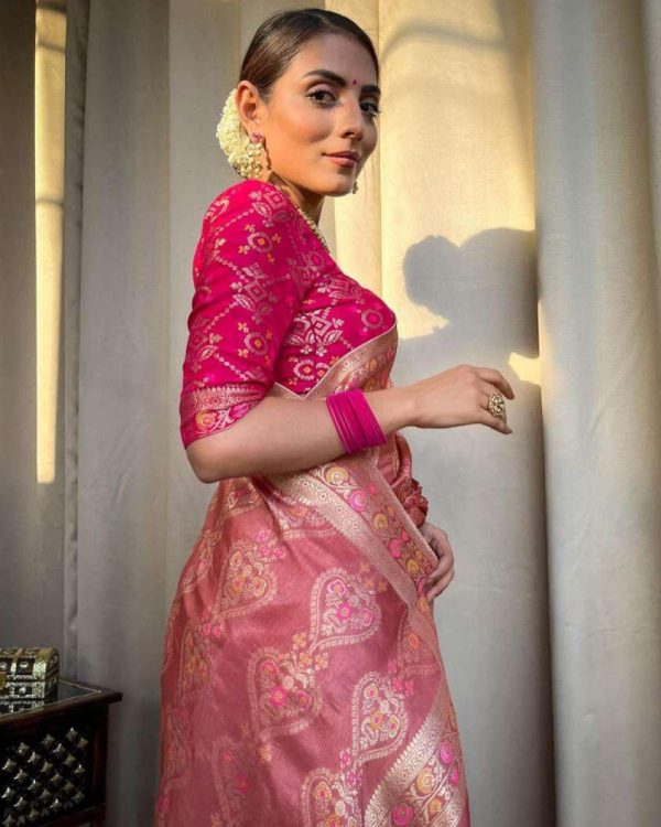 Peach Soft Litchi Silk Kubera Pattu On All Over Saree - Image 4
