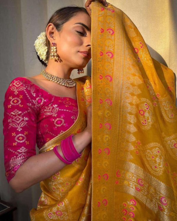 Yellow Soft Litchi Silk Kubera Pattu On All Over Saree - Image 2