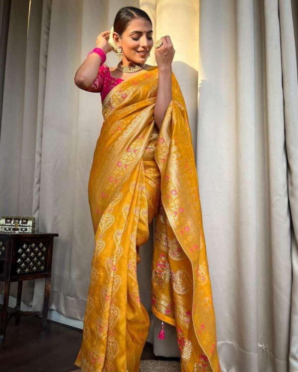Yellow Soft Litchi Silk Kubera Pattu On All Over Saree - Image 3