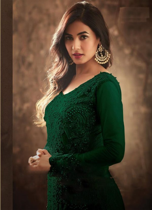 Green Football Net Embroidery Sequence Stone Coding Moti Work Salwar Suit - Image 2