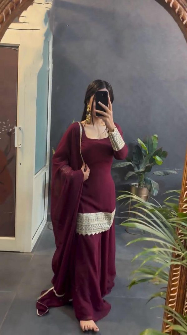 Marron Fox Georgette Heavy Embroidery Work Salwar Suit - Image 3