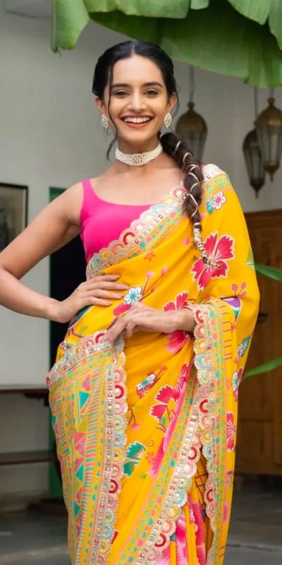 MS 472 Yellow color Chinon Printed Multicolored Embroidery Coding Sequins Lace Saree Wedding, Festive, Events . Expected Delivery 4-6 Working Days @1649/- | Sarees, Bollywood Sarees, Creative Sarees, Designer Sarees, Embroidered Sarees, Ethnic Saree, Modern Digital sarees, Party Wear Sarees