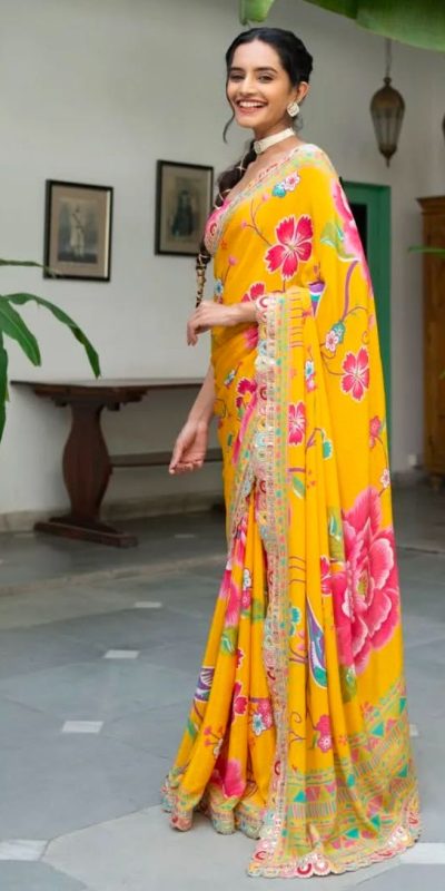 MS 472 Yellow color Chinon Printed Multicolored Embroidery Coding Sequins Lace Saree Wedding, Festive, Events . Expected Delivery 4-6 Working Days @1649/- | Sarees, Bollywood Sarees, Creative Sarees, Designer Sarees, Embroidered Sarees, Ethnic Saree, Modern Digital sarees, Party Wear Sarees