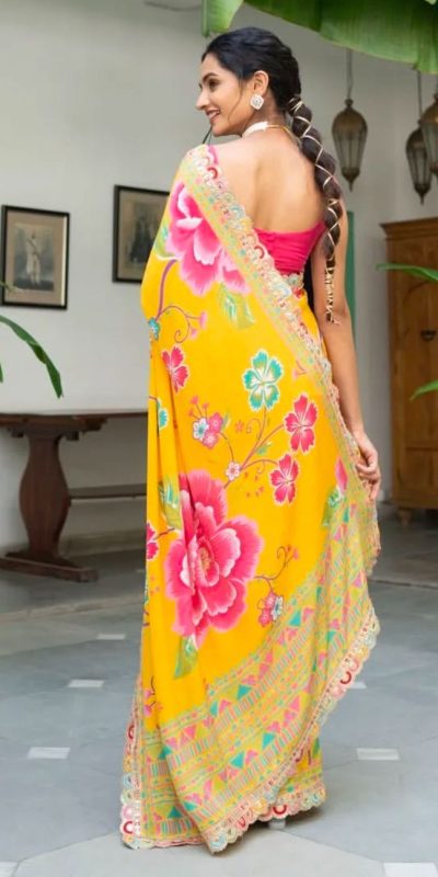 MS 472 Yellow color Chinon Printed Multicolored Embroidery Coding Sequins Lace Saree Wedding, Festive, Events . Expected Delivery 4-6 Working Days @1649/- | Sarees, Bollywood Sarees, Creative Sarees, Designer Sarees, Embroidered Sarees, Ethnic Saree, Modern Digital sarees, Party Wear Sarees