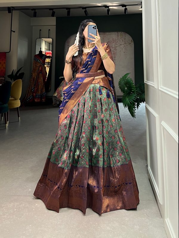 Navy Blue Silk Jacquard Zari Weaving Work Lehenga Choli - Image 2
