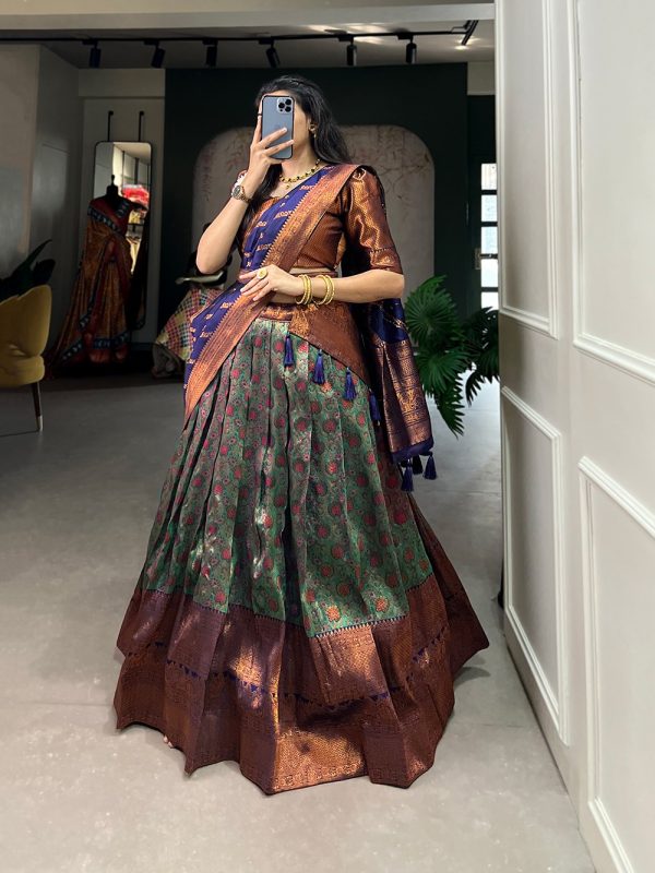 Navy Blue Silk Jacquard Zari Weaving Work Lehenga Choli - Image 3