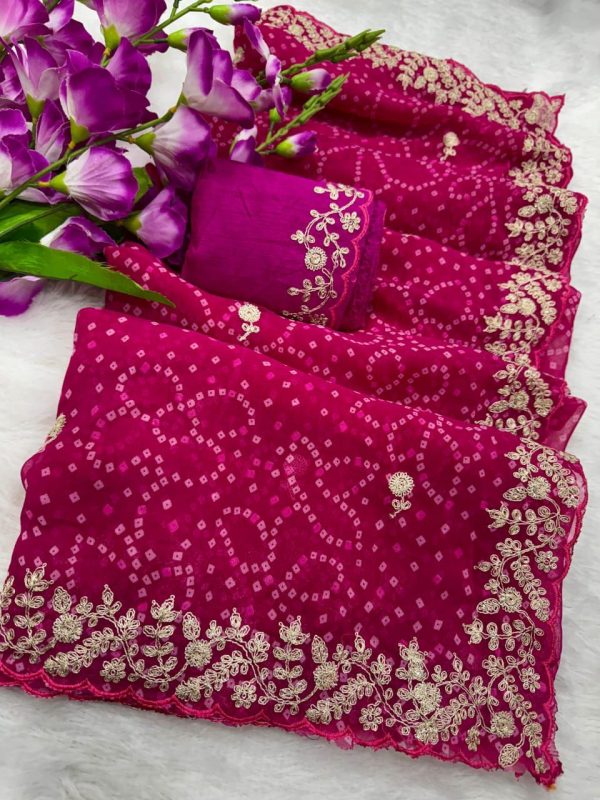 Pink Georgette Bandhni Print Pita Work Embroidery Saree - Image 3