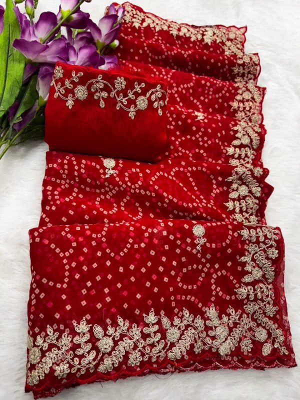 Red Georgette Bandhni Print Pita Work Embroidery Saree - Image 2
