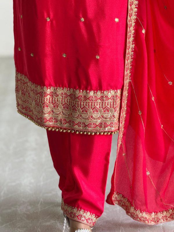 Red Cosmo Silk Heavy Embroidery Sequence Work Salwar Suit - Image 3