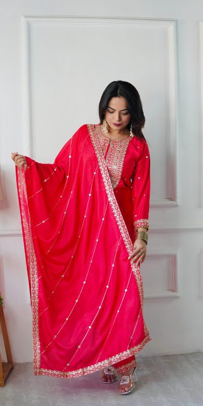 VLM 254 Red Color Cosmo Silk With Heavy Embroidery Sequence Work Salwar Suit Casual, Wedding, Party, Festive, Events Etc.4-6 Working Days@ 2099/-only | Jump Suits, Salwar suit, Casual Suits, Creative suits, Designer Suits, Palazzo Suits, Party Wear Suits, Patiala Suits, Straight Suits