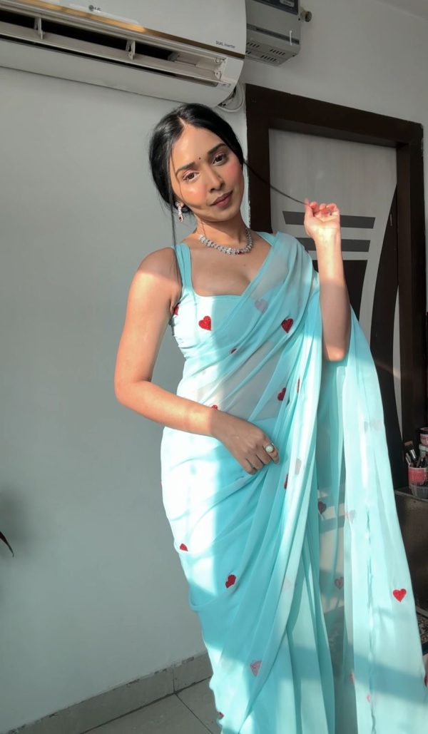 Sky Blue Soft Georgette Silk With Embroidery Red Heart Design Saree - Image 3
