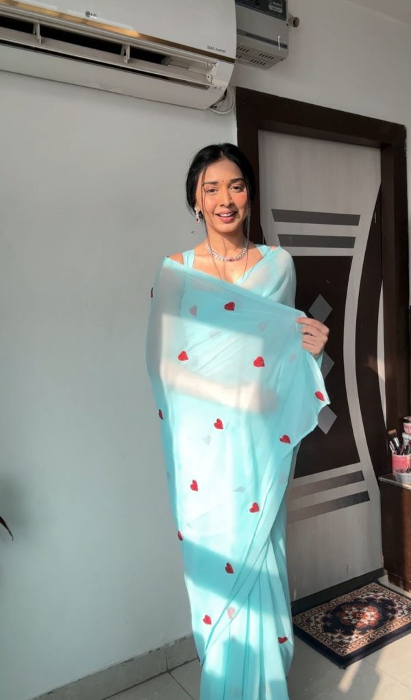 Sky Blue Soft Georgette Silk With Embroidery Red Heart Design Saree - Image 4