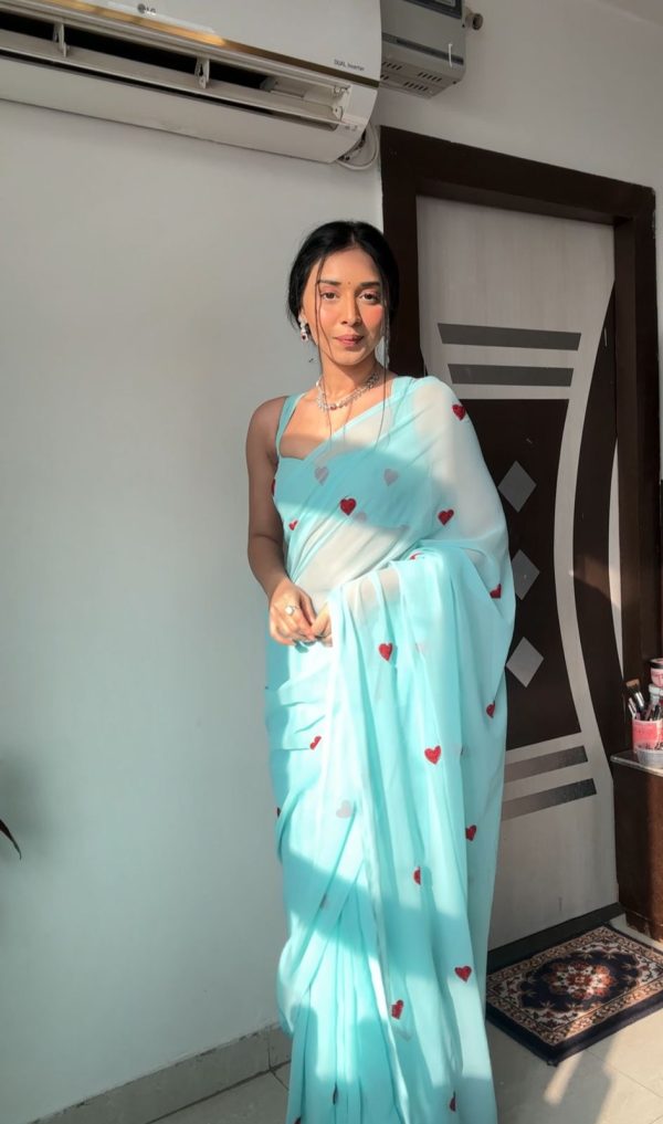 Sky Blue Soft Georgette Silk With Embroidery Red Heart Design Saree - Image 5