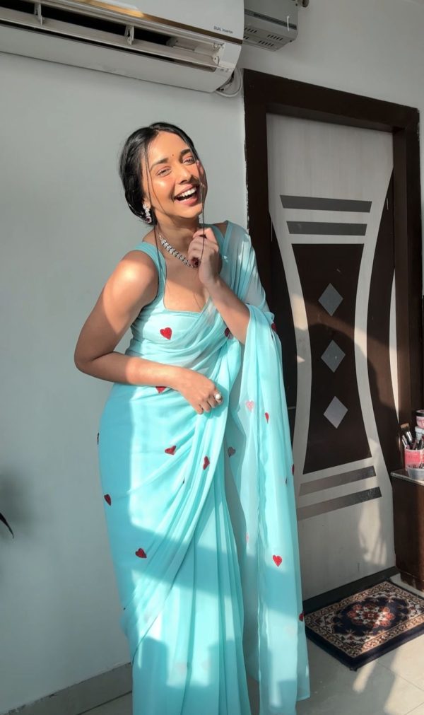 Sky Blue Soft Georgette Silk With Embroidery Red Heart Design Saree - Image 6
