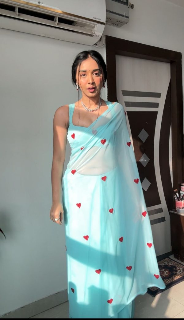 Sky Blue Soft Georgette Silk With Embroidery Red Heart Design Saree - Image 2