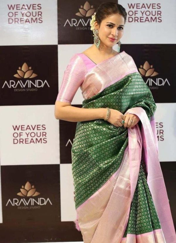 Green Soft Litchi Silk Jacquard Saree - Image 3