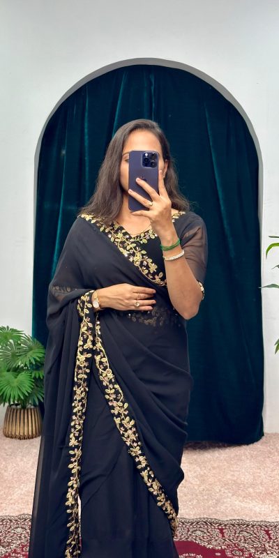 ST 1055 Black Color Faux Georgette Embroidery Work Border Stitched Saree-Gown Wedding Party, Festive, Events Etc.4-6 Working Days@1799/- only | Gowns, Bollywood Gowns, Creative Gowns, Designer Gowns, Embroidered Gowns, Party Wear Gowns, Straight Suits