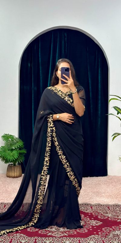 ST 1055 Black Color Faux Georgette Embroidery Work Border Stitched Saree-Gown Wedding Party, Festive, Events Etc.4-6 Working Days@1799/- only | Gowns, Bollywood Gowns, Creative Gowns, Designer Gowns, Embroidered Gowns, Party Wear Gowns, Straight Suits