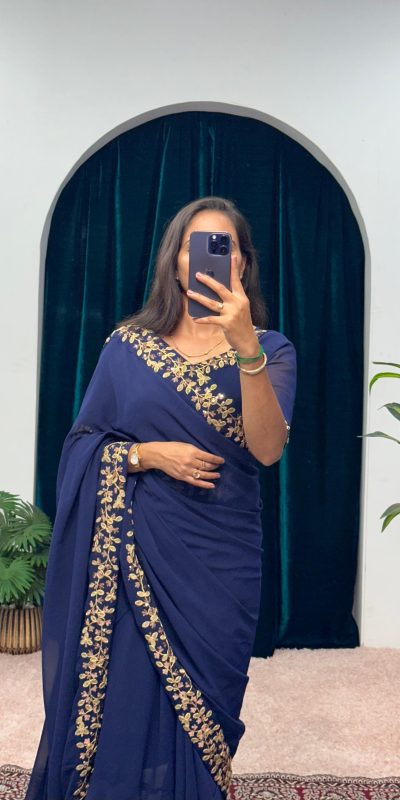 ST 1055 Navy Blue Color Faux Georgette Embroidery Work Border Stitched Saree-Gown Wedding Party, Festive, Events Etc.4-6 Working Days@1799/- only | Gowns, Bollywood Gowns, Creative Gowns, Designer Gowns, Embroidered Gowns, Party Wear Gowns, Straight Suits