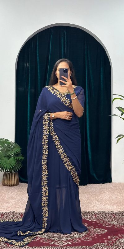 ST 1055 Navy Blue Color Faux Georgette Embroidery Work Border Stitched Saree-Gown Wedding Party, Festive, Events Etc.4-6 Working Days@1799/- only | Gowns, Bollywood Gowns, Creative Gowns, Designer Gowns, Embroidered Gowns, Party Wear Gowns, Straight Suits