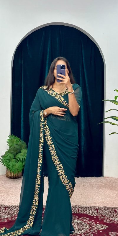 ST 1055 Peacock Blue Color Faux Georgette Embroidery Work Border Stitched Saree-Gown Wedding Party, Festive, Events Etc.4-6 Working Days@1799/- only | Gowns, Bollywood Gowns, Creative Gowns, Designer Gowns, Embroidered Gowns, Party Wear Gowns, Straight Suits