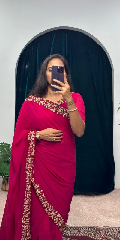 ST 1055 Pink Color Faux Georgette Embroidery Work Border Stitched Saree-Gown Wedding Party, Festive, Events Etc.4-6 Working Days@1799/- only | Gowns, Bollywood Gowns, Creative Gowns, Designer Gowns, Embroidered Gowns, Party Wear Gowns, Straight Suits