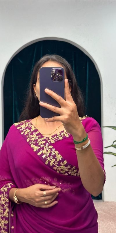 ST 1055 Purple Color Faux Georgette Embroidery Work Border Stitched Saree-Gown Wedding Party, Festive, Events Etc.4-6 Working Days@1799/- only | Gowns, Bollywood Gowns, Creative Gowns, Designer Gowns, Embroidered Gowns, Party Wear Gowns, Straight Suits