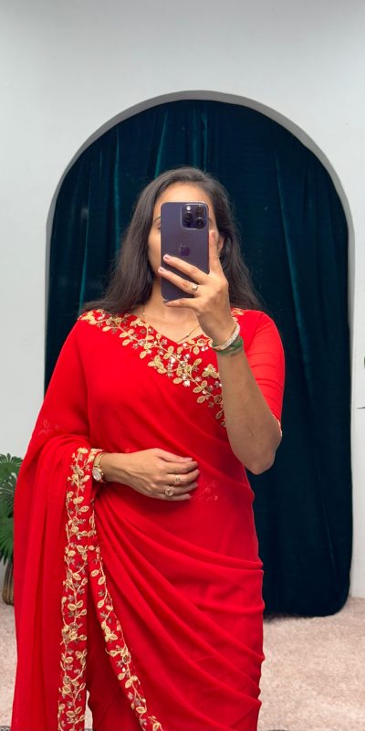 ST 1055 Red Color Faux Georgette Embroidery Work Border Stitched Saree-Gown Wedding Party, Festive, Events Etc.4-6 Working Days@1799/- only | Gowns, Bollywood Gowns, Creative Gowns, Designer Gowns, Embroidered Gowns, Party Wear Gowns, Straight Suits