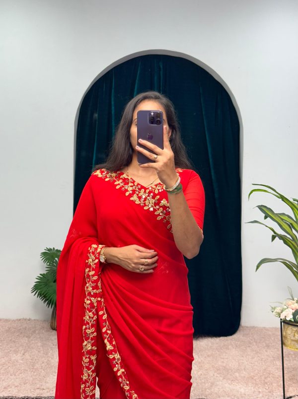 Red Faux Georgette Embroidery Work Border Stitched Saree-Gown - Image 2