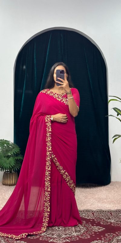 ST 1055 Pink Color Faux Georgette Embroidery Work Border Stitched Saree-Gown Wedding Party, Festive, Events Etc.4-6 Working Days@1799/- only | Gowns, Bollywood Gowns, Creative Gowns, Designer Gowns, Embroidered Gowns, Party Wear Gowns, Straight Suits