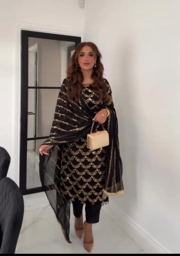 Black Faux Georgette Embroidery Moti Lace Work Salwar Suit - Image 2