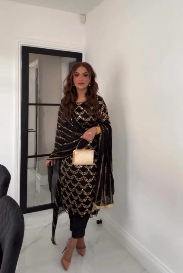 Black Faux Georgette Embroidery Moti Lace Work Salwar Suit - Image 3
