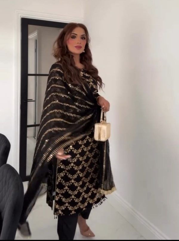 Black Faux Georgette Embroidery Moti Lace Work Salwar Suit - Image 4